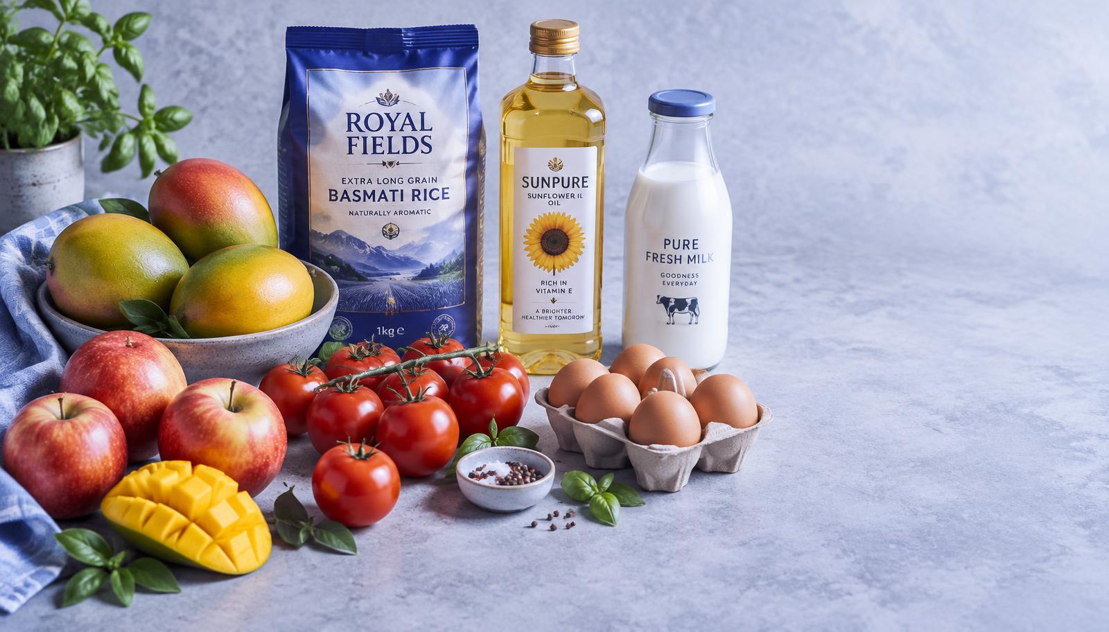 Fresh mangoes, apples, tomatoes, basmati rice, sunflower oil, eggs and milk arranged on a pale grey surface